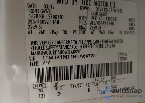 2017 Ford Expedition El Platinum z USA, uszkodzony, nr VIN 1FMJK1MT1HEA64728